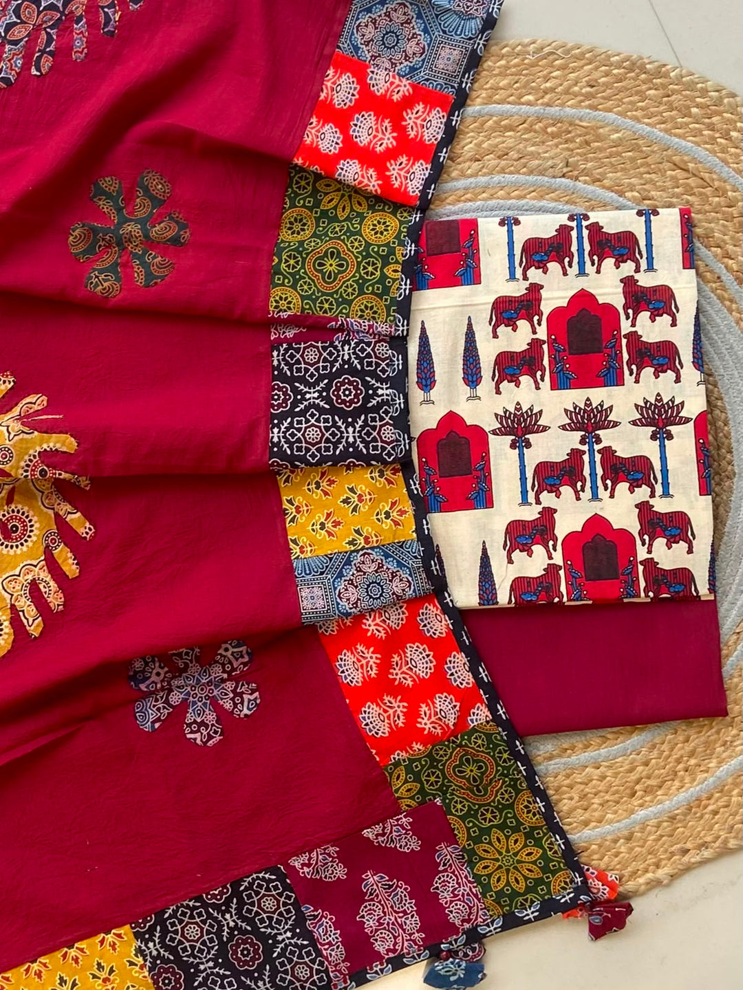 Pure Cotton Azrakh Print Unstitched Suit With Applique Work Dupatta