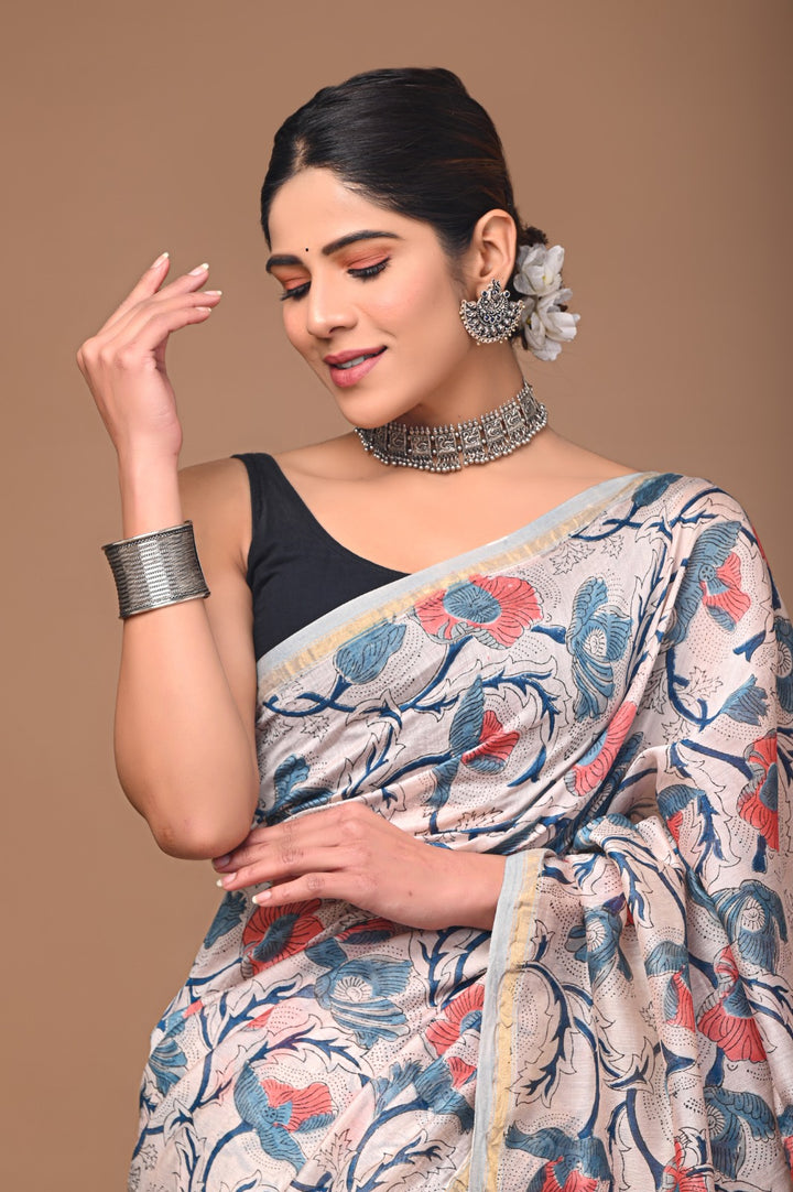 Hand Block Print Pure Chanderi Saree With Blouse