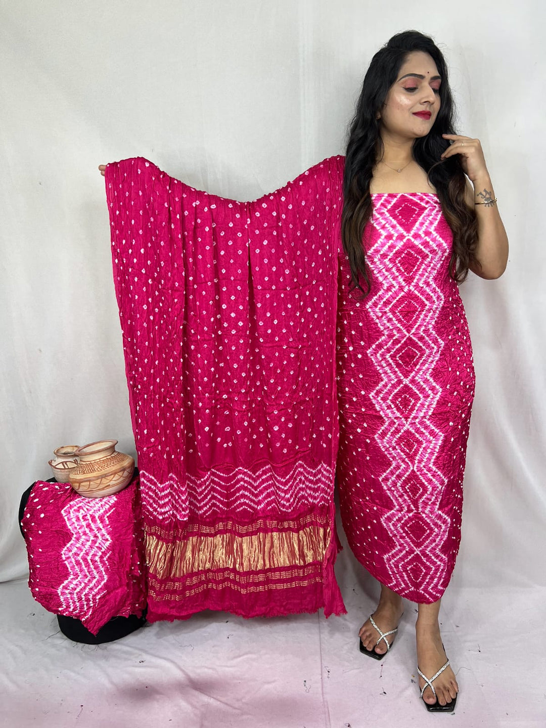 Pure Modal Silk Ajrakh Hend Block Zari Pallu Weaved 3pc Unstitched Suit .