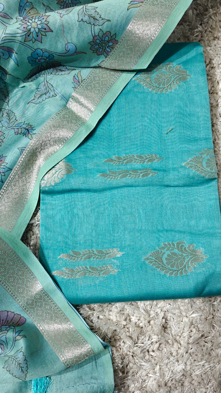 Banarasi Chanderi Silk Zari Work Unstitched Suit With digital print dupatta.