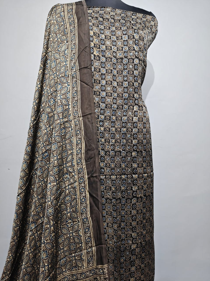 Pure Modal Silk Ajrakh Hend Block Zari Pallu Weaved 2pc Unstitched Suit