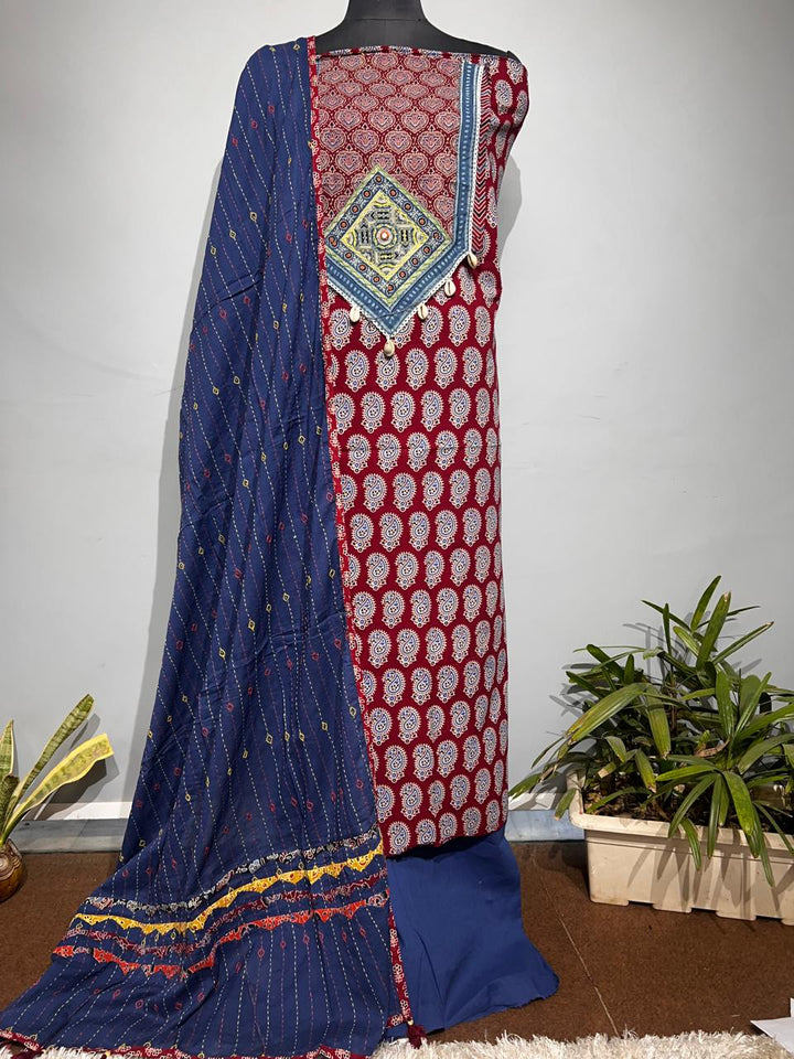 Pure Cotton Azrakh Print Unstitched suit With Dupatta.