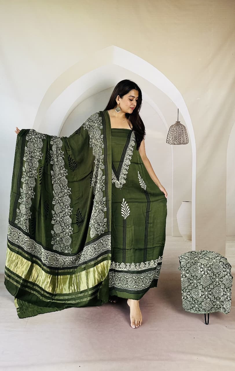 Pure Modal Silk Ajrakh Hand Block Zari Pallu Weaved 3pc Unstitched Suit