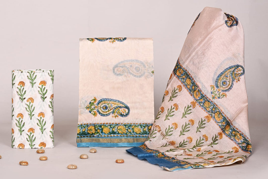Pure Hand Block Chanderi Silk Unstitchd Suit