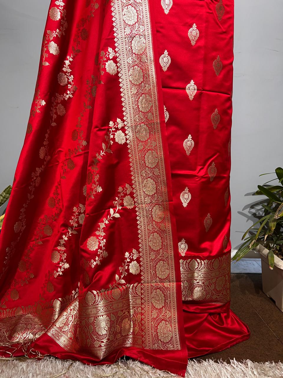 Pure Banarasi Satin Silk Zari Work Unstitched Suit With Jaal Work Dupatta.