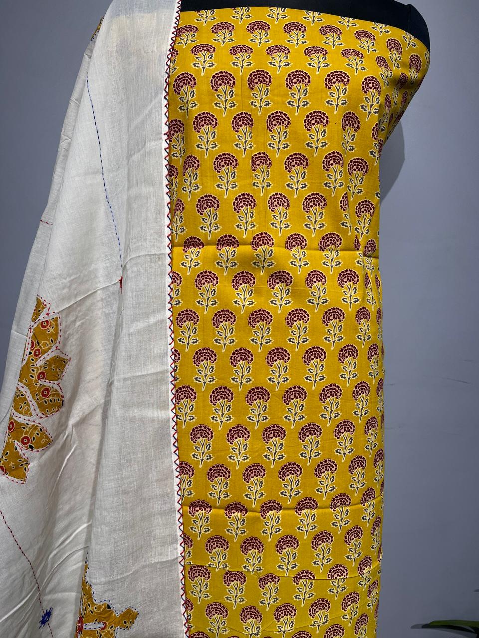 Pure Cotton Azrakh Print Unstitched suit With katha work Dupatta
