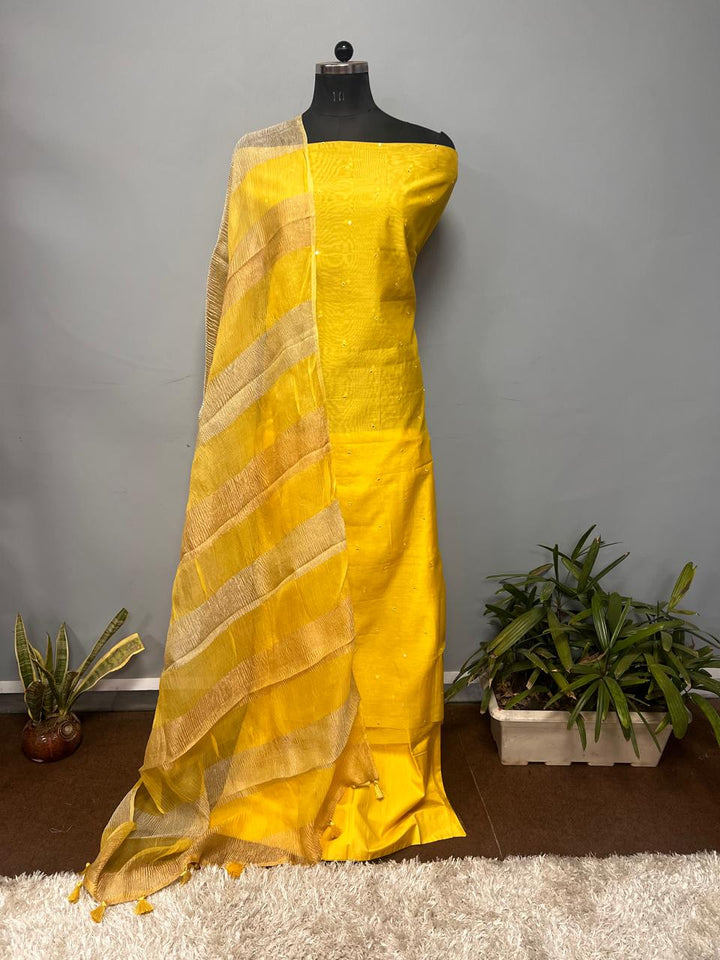 Exclusive Pure Banarasi Chanderi Silk Unstitched Suit with Organza Crushed Tissue Stripe Dupatta