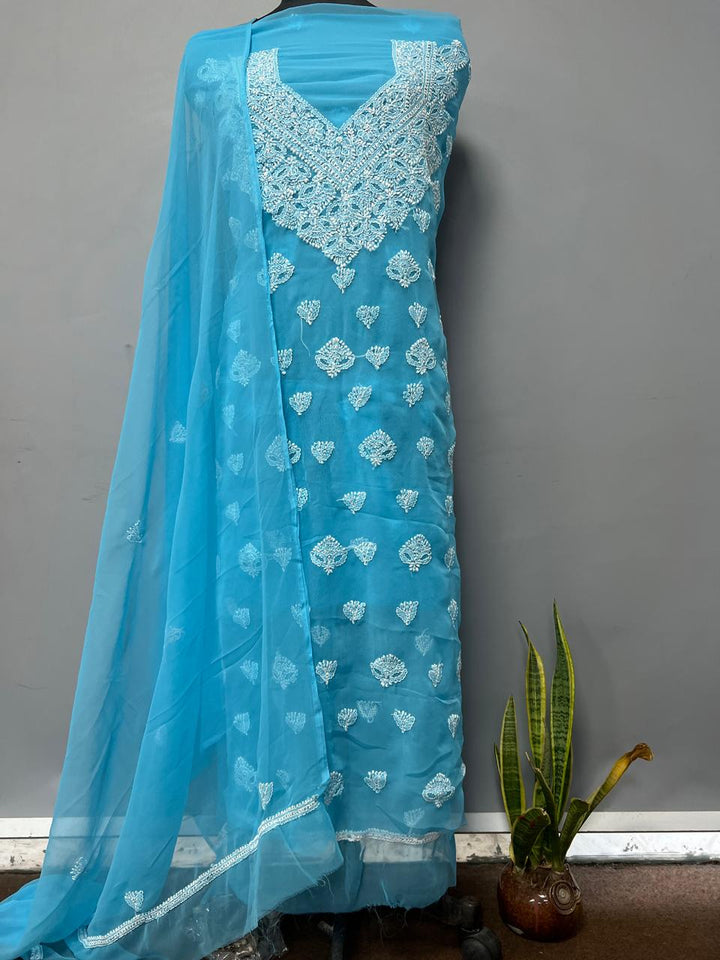 Pure Chiffon Georgette Chikankari Hand Embroidery Unstitched Suit