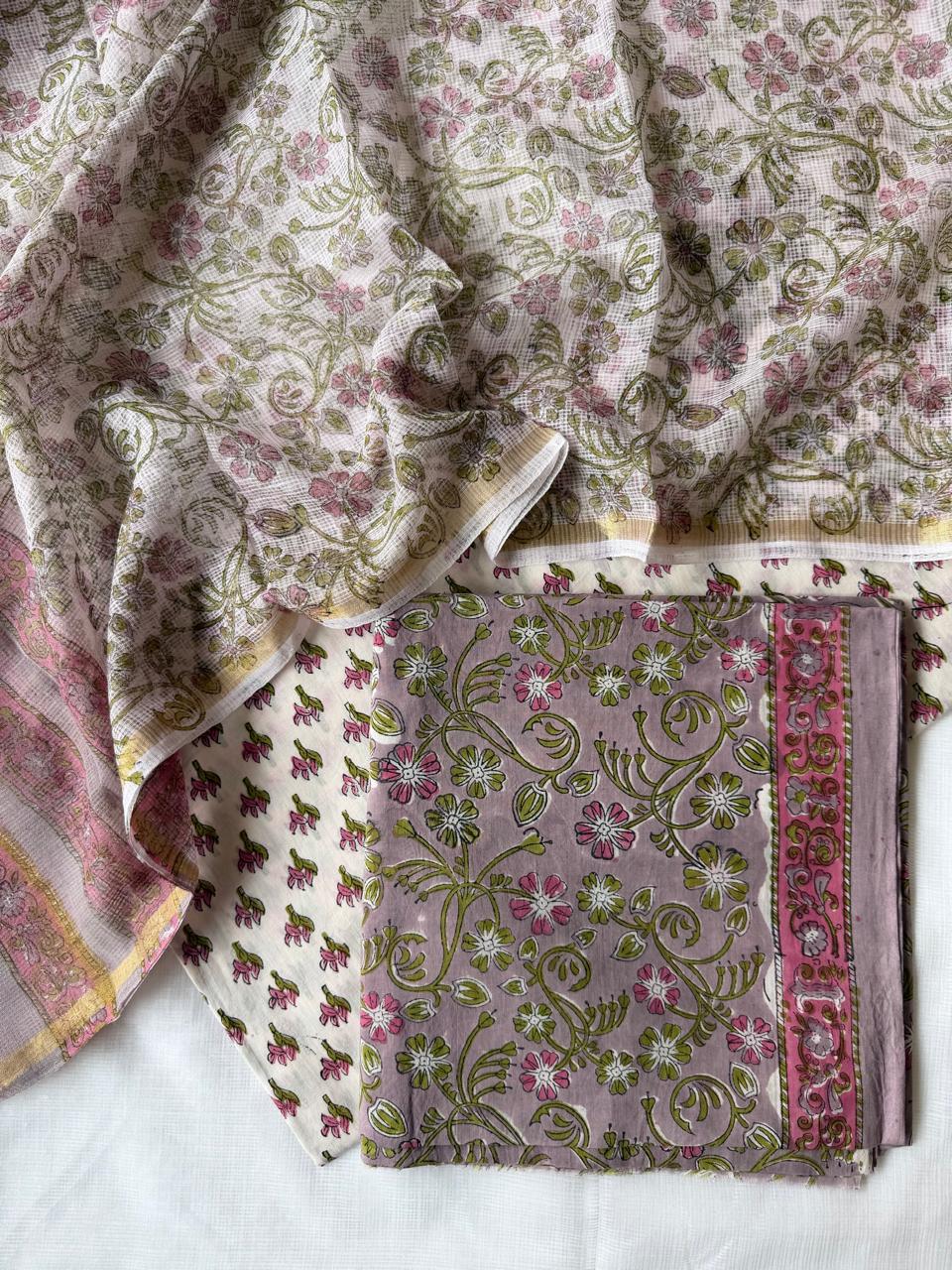 Pure Cotton Hand block print Unstitched Suit with Kota Dupatta