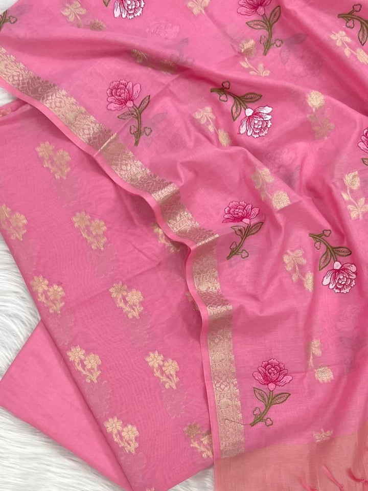 Banarasi Chanderi Silk Zari Weaved Unstitched Suit With Chanderi Silk Embroidery Work Dupatta.