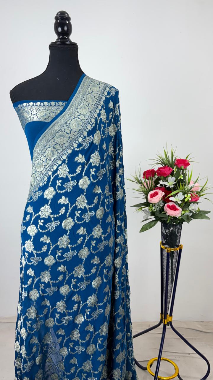 Pure Banarasi Handloom Khaddi Georgette Silk Water Zari Work Saree. | NEW EDITION |