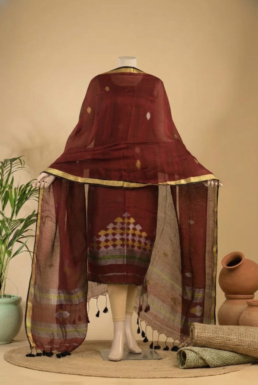 Pure JayaShare Linen 2PC Jamdani Unstitched Suit .