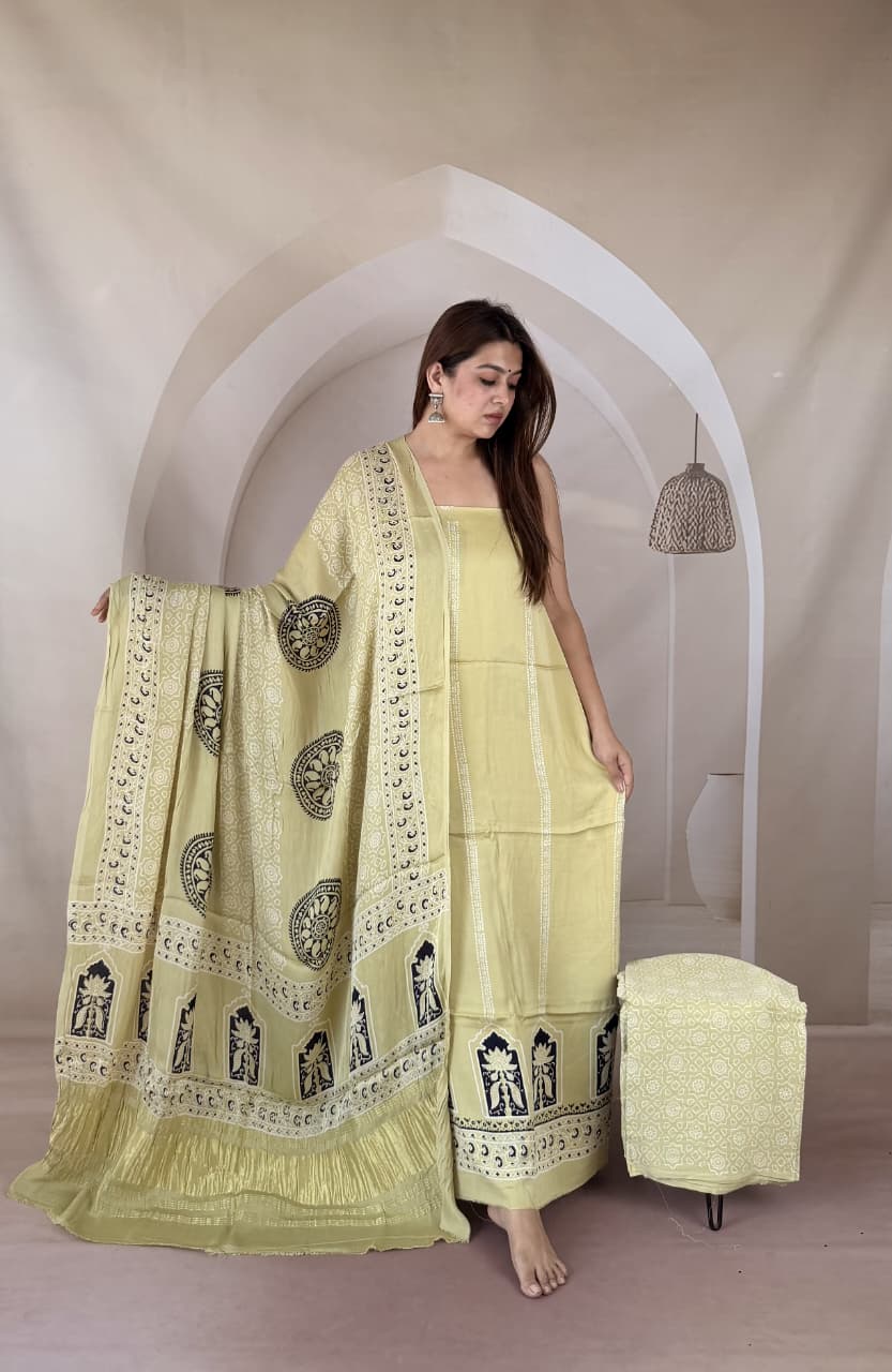 Pure Modal Silk Ajrakh Hand Block Zari Pallu Weaved 3pc Unstitched Suit