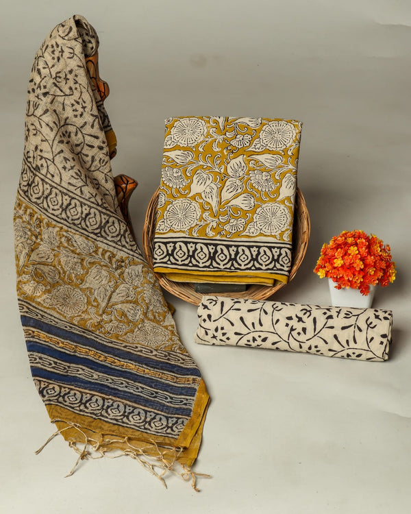 Pure Cotton Hand block print Unstitched Suit with Kota Dupatta .
