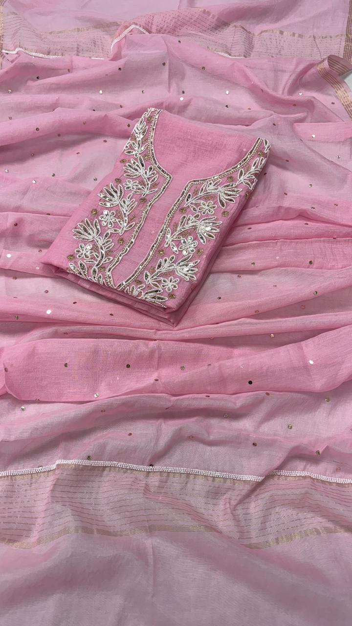 Pure Mul- Mul Chanderi Chakiankari Work Unstitched Suit with Cutdana work.