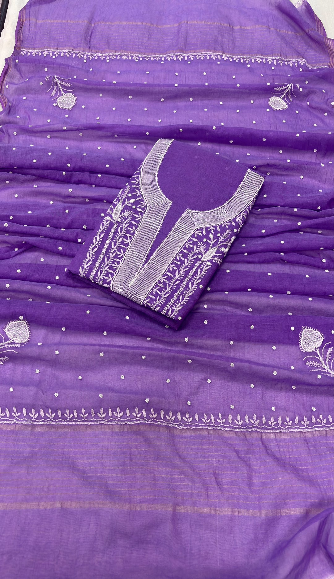 Pure Mul- Mul Chakiankari Work Unstitched Suit with Pearl and Cutdana work