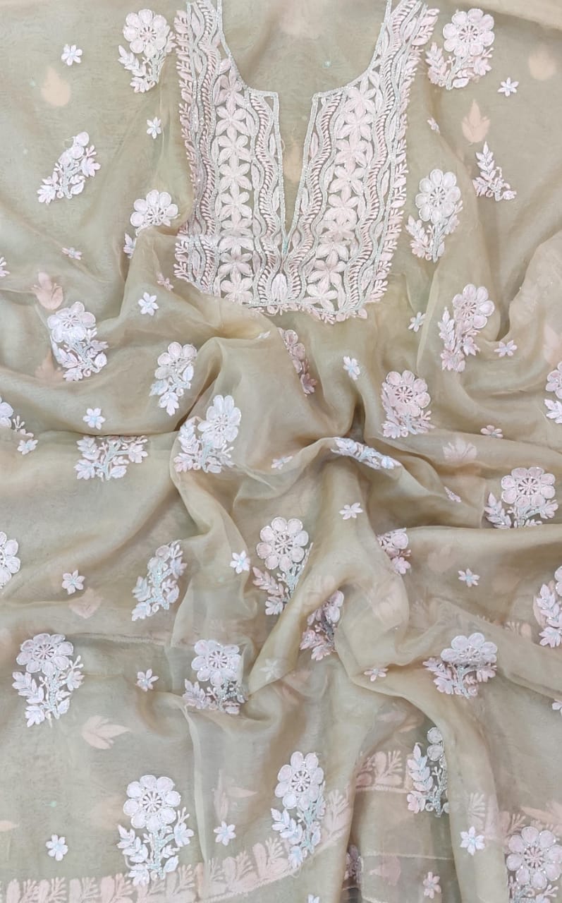 Pure Organza Silk Hand Chikankari Embroidery And Pearl Cut Dana Work Unstitched Suit.