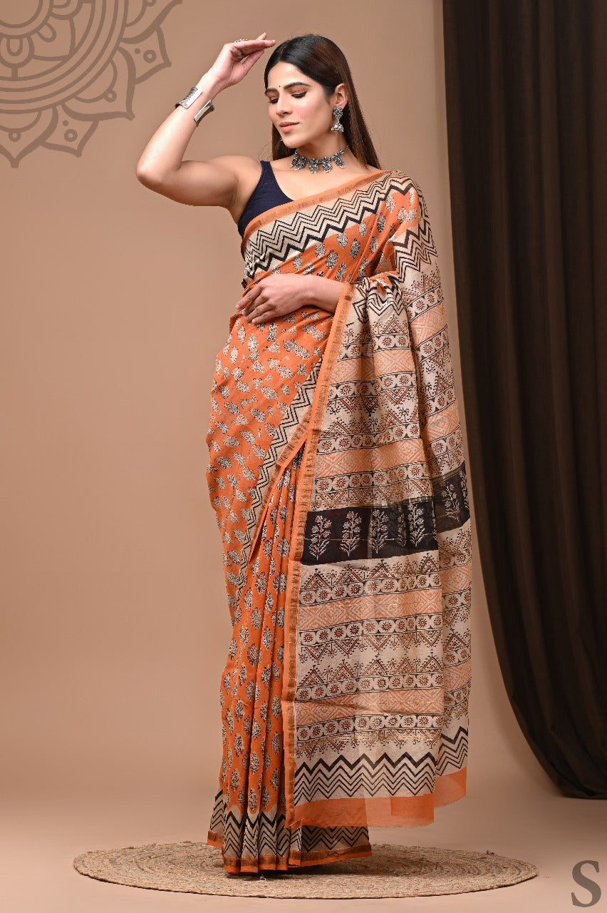 Hand Block Print Pure Chanderi Saree With Blouse
