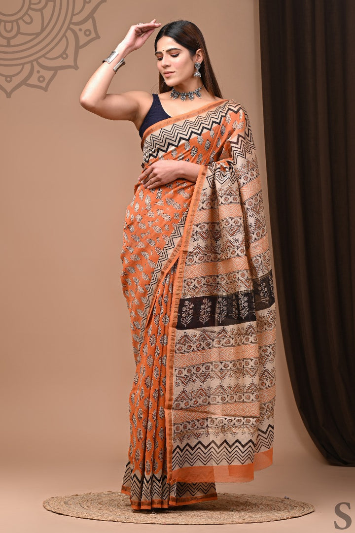 Hand Block Print Pure Chanderi Saree With Blouse