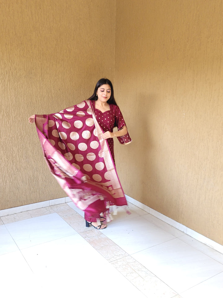 Pure Banarasi Resham Chanderi SilK Unstitched Suit With Resham Chandrei Dupatta.