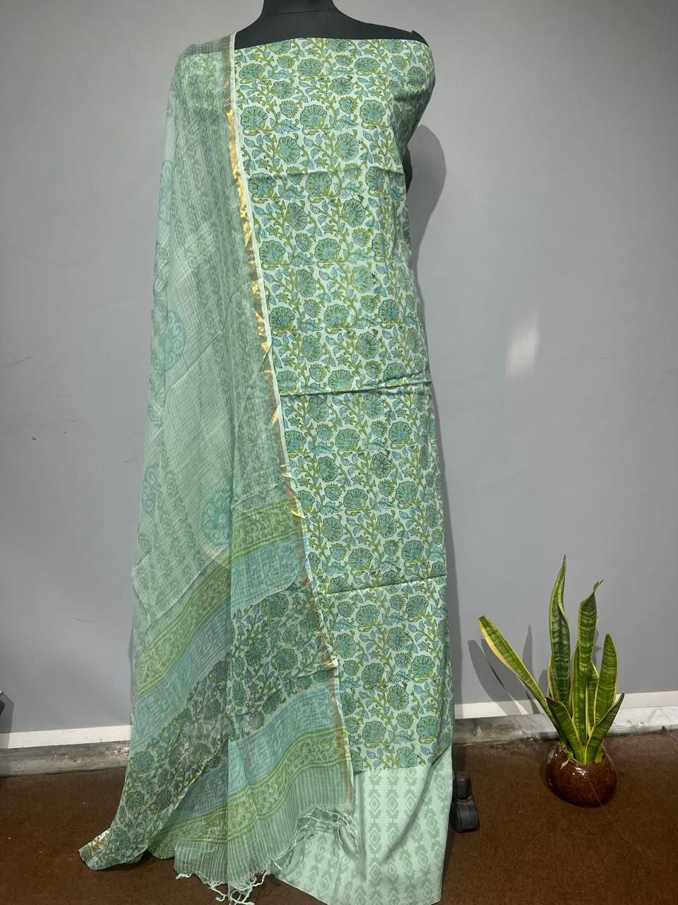 Pure Cotton Hand Block Print Unstitched Suit With Kota Dupatta