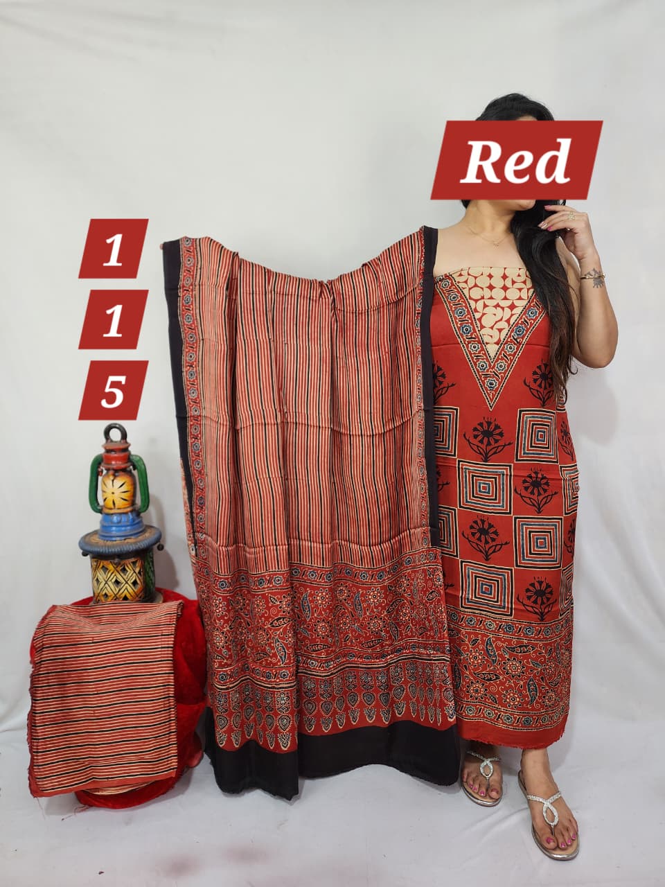 Pure modal silk ajrakh natural 3pc Unstitched  suit
