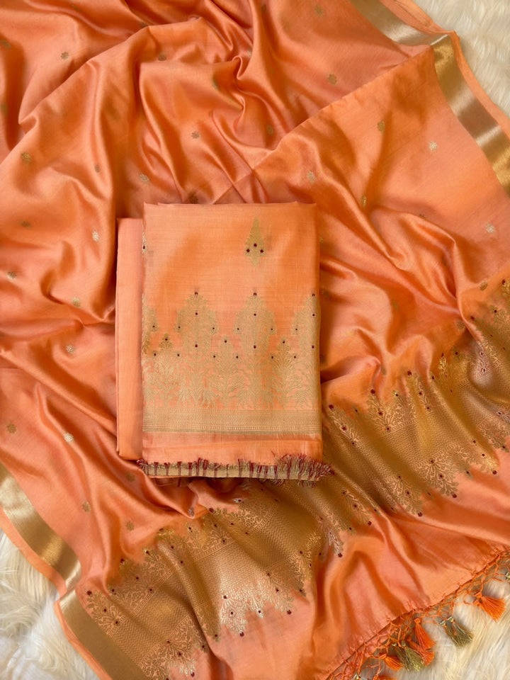Pure Chiniya Silk Unstitched With Meena Buti Work and Chiniya Silk Dupatta