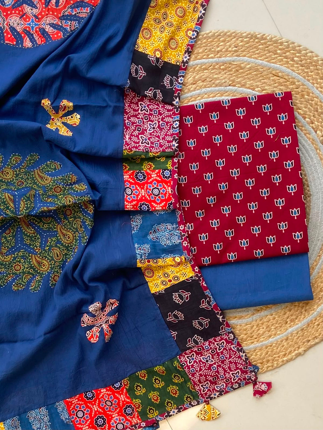 Pure Cotton Azrakh Print Unstitched Suit With Applique Work Dupatta