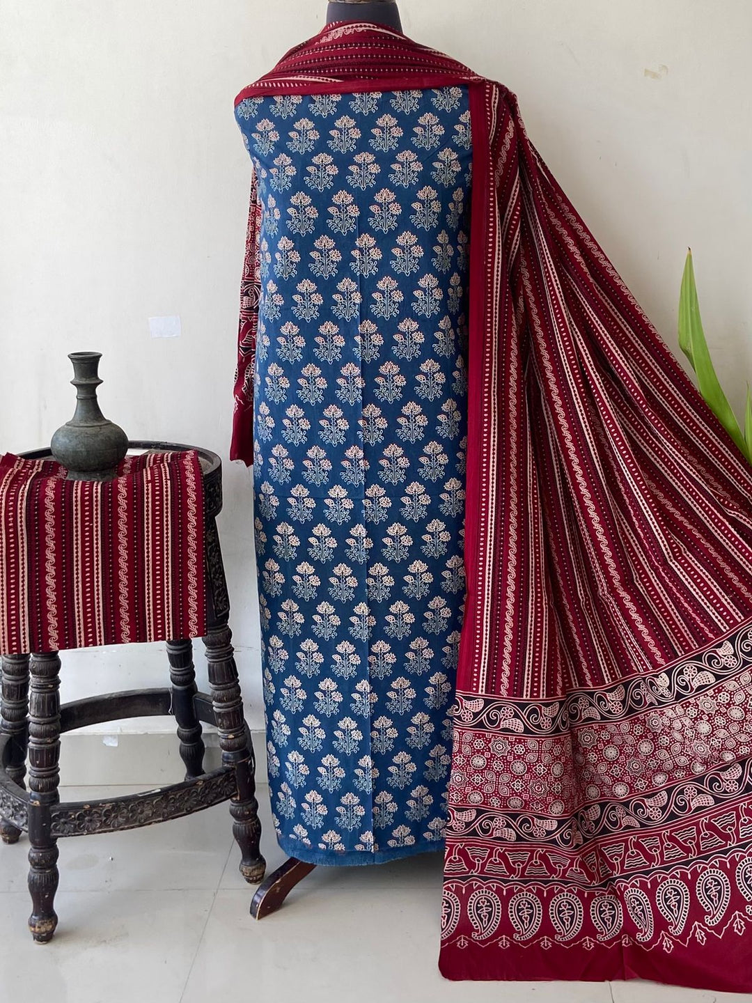 Pure Cotton Azrakh Print Unstitched Suit With  cotton Duppatta