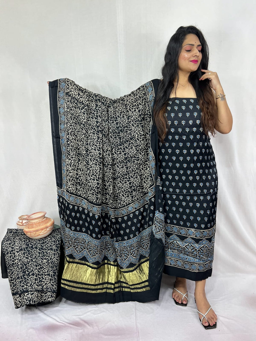 Pure Modal Silk Ajrakh Hend Block Zari Pallu Weaved 3pc Unstitched Suit .