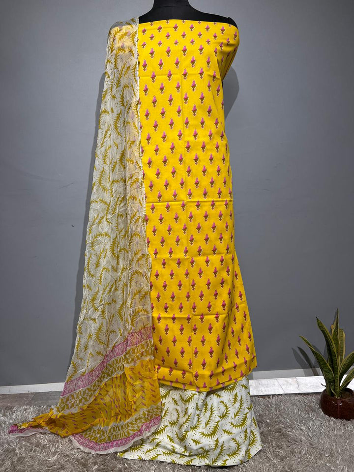 Pure Cotton Hand Block Print Unstitched Suit With Chiffon Dupatta