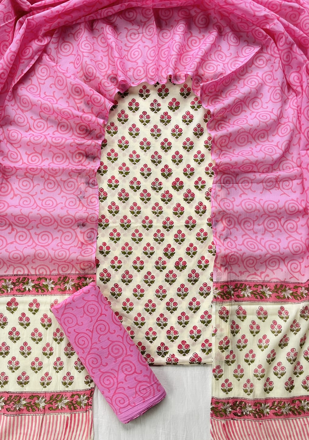 Pure Cotton Hand Block Print Unstitched Suit With Cotton Dupatta