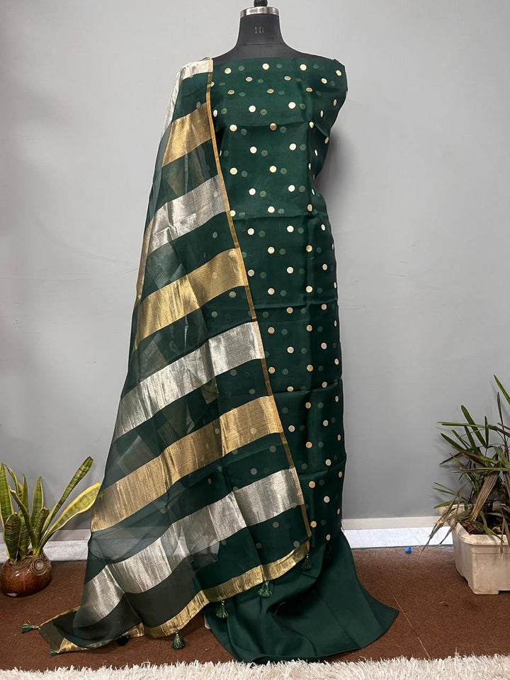 Exclusive Pure Banarasi Organza Unstitched Suit with Tissue Gold Silver Patta Dupatta