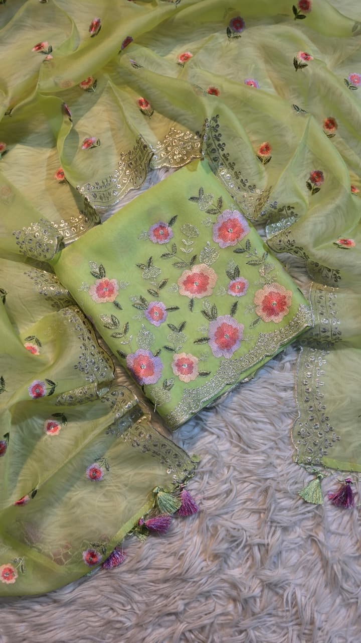 Pure Banarasi Organza Silk Embroidery Unstitched Suit.
