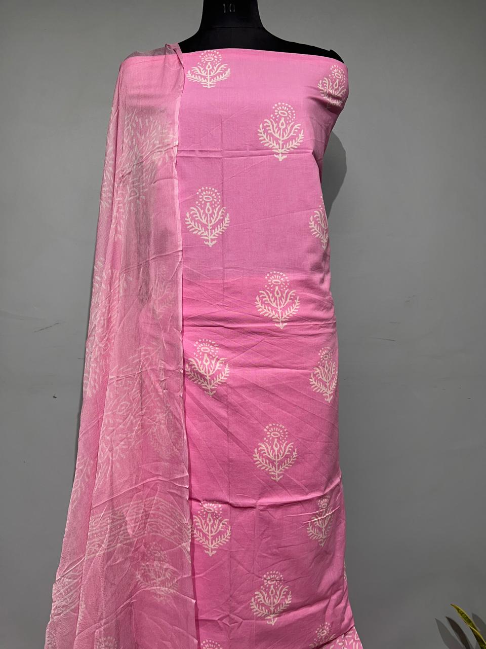 Pure Cotton Hand Block Print Unstitched Suit With Chiffon Dupatta