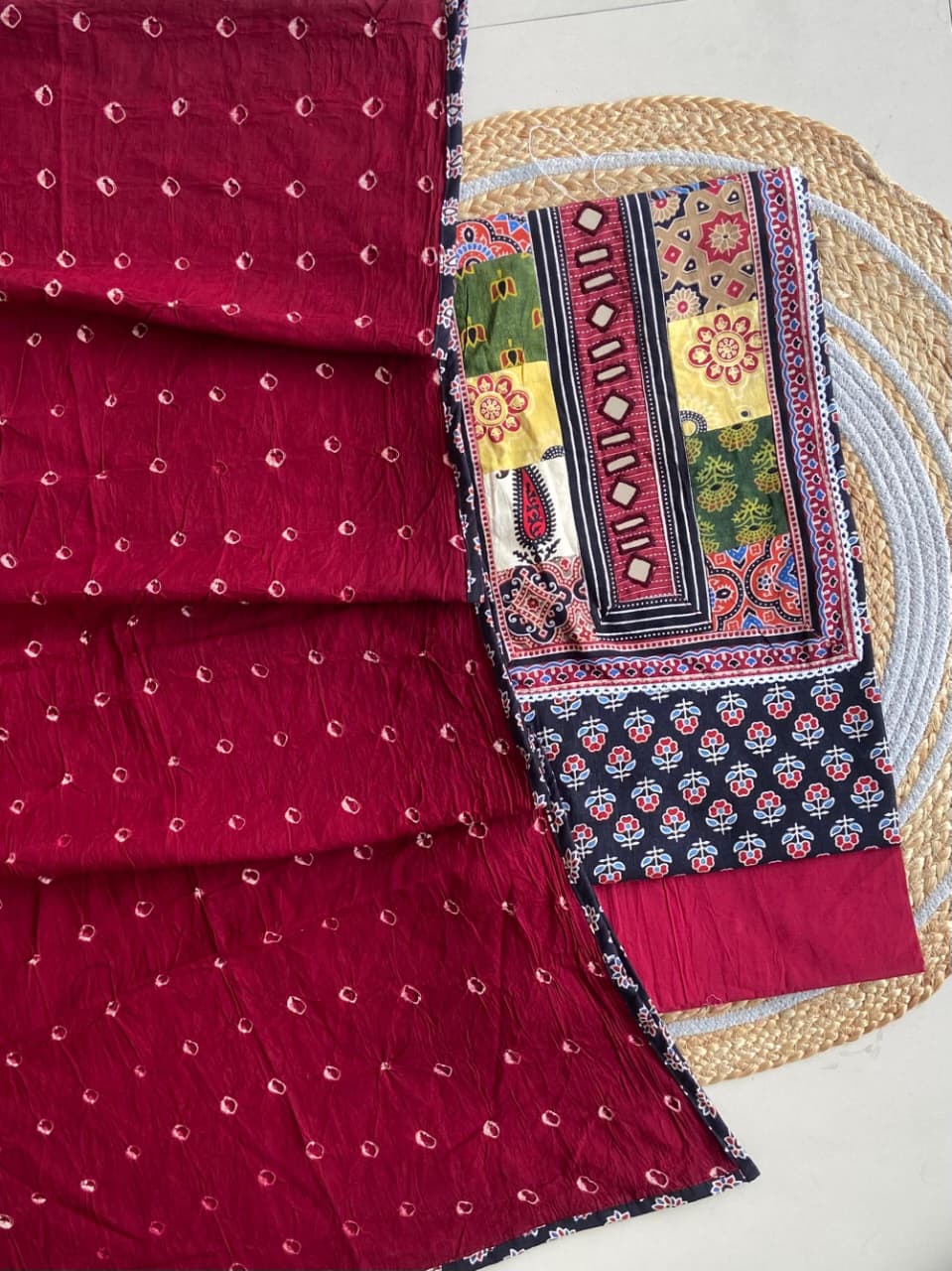 Pure Cotton Azrakh Print Unstitched Suit With Heavy Mirror Work