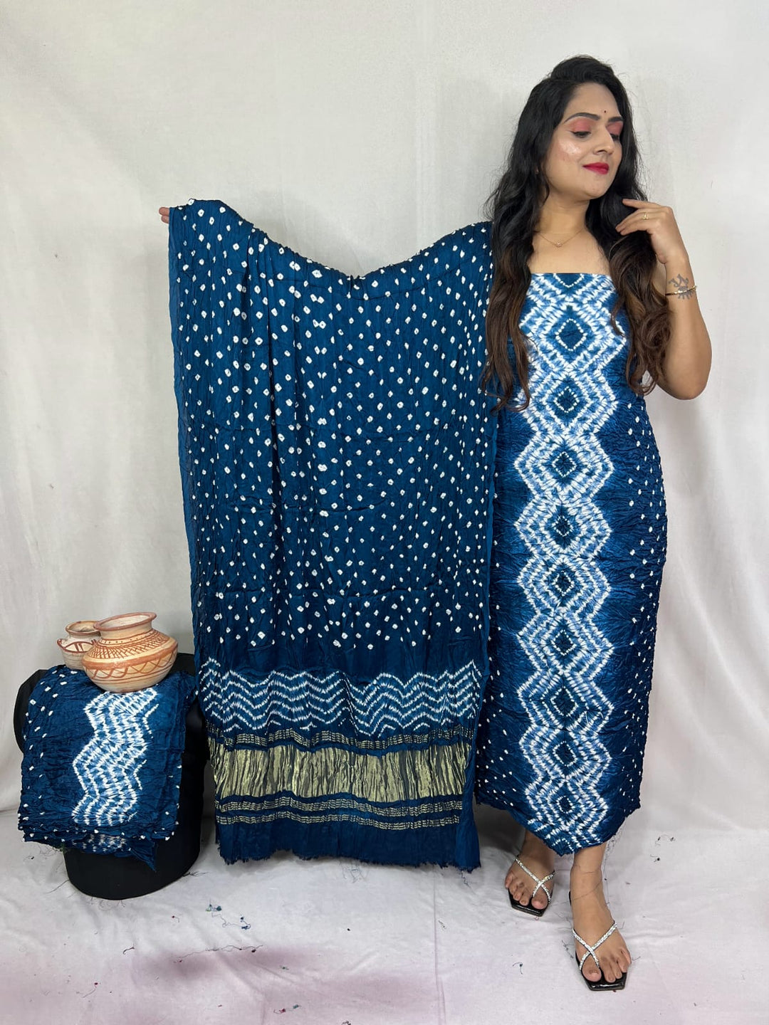 Pure Modal Silk Ajrakh Hend Block Zari Pallu Weaved 3pc Unstitched Suit .