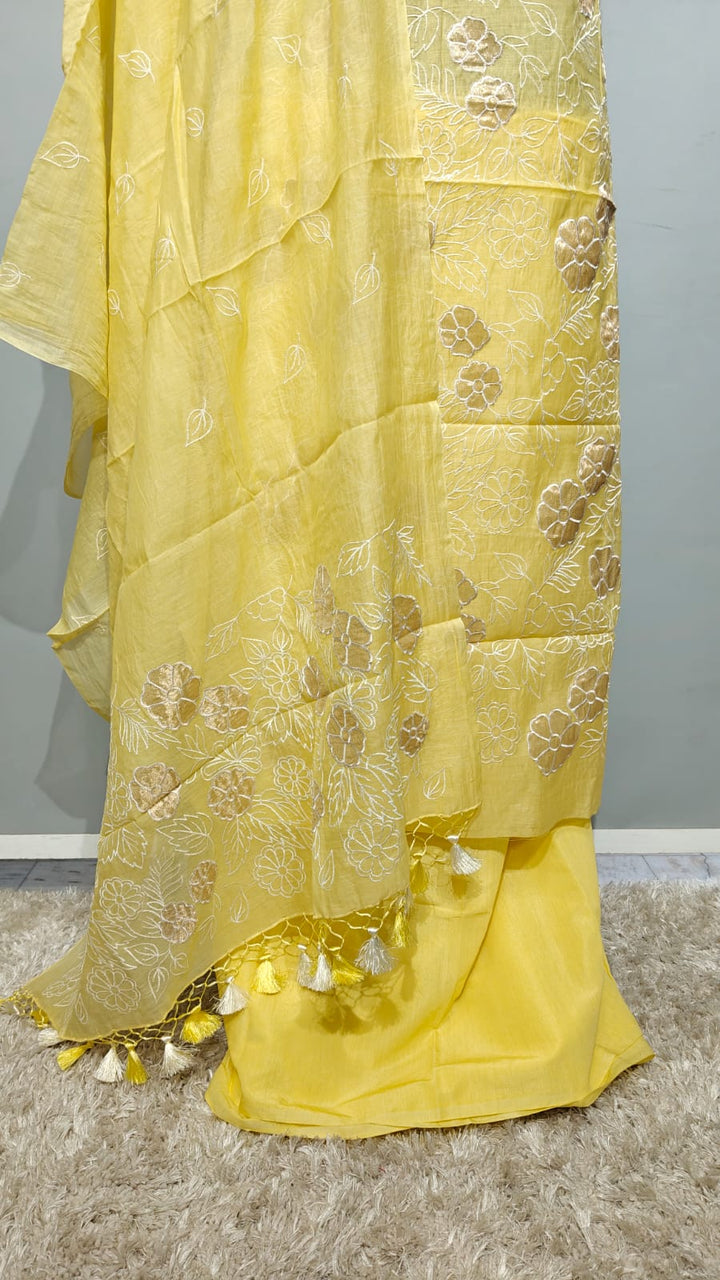 Pure Banarasi Chanderi Silk Unstitched SUit with Applique Work