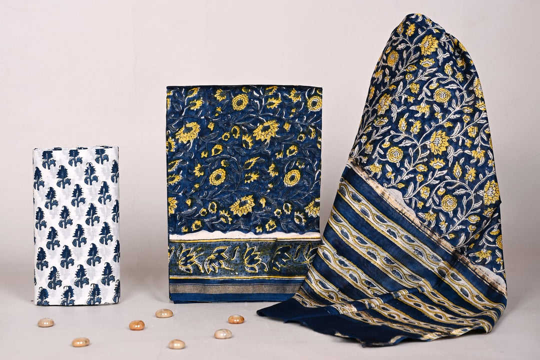 chanderi silk dress material Ombre' Designer Chanderi Silk Suit Sets With gradient effect of colours melting into each other. Dreamy silhouette with just the right amount of sparkle with the statement Block Print Butas highlighted