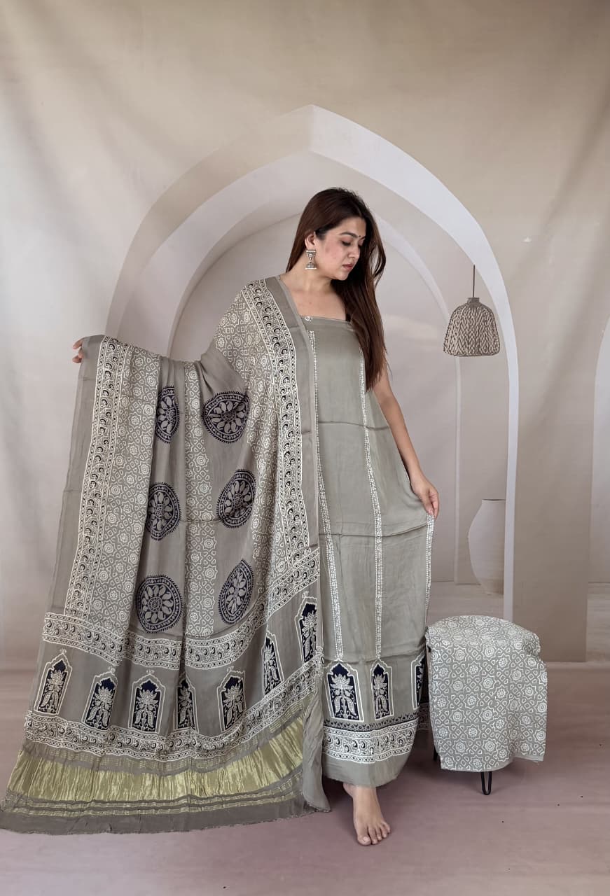 Pure Modal Silk Ajrakh Hand Block Zari Pallu Weaved 3pc Unstitched Suit