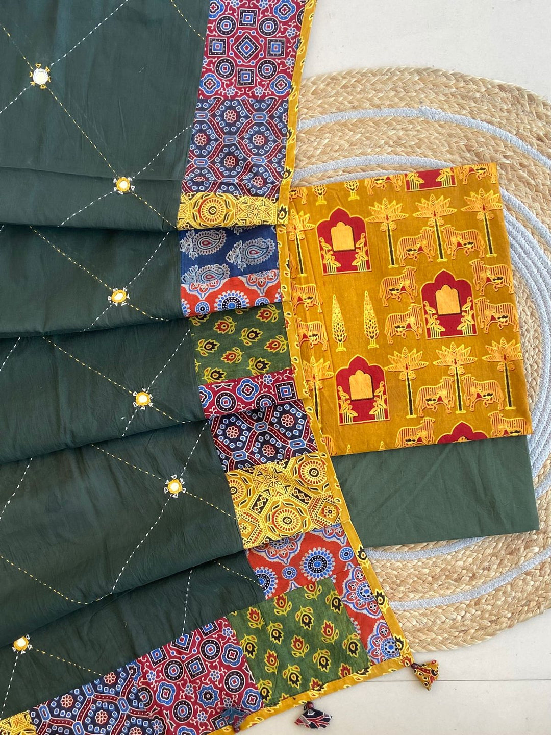 Pure Cotton Azrakh Print Unstitched Suit With Patch Work Dupatta