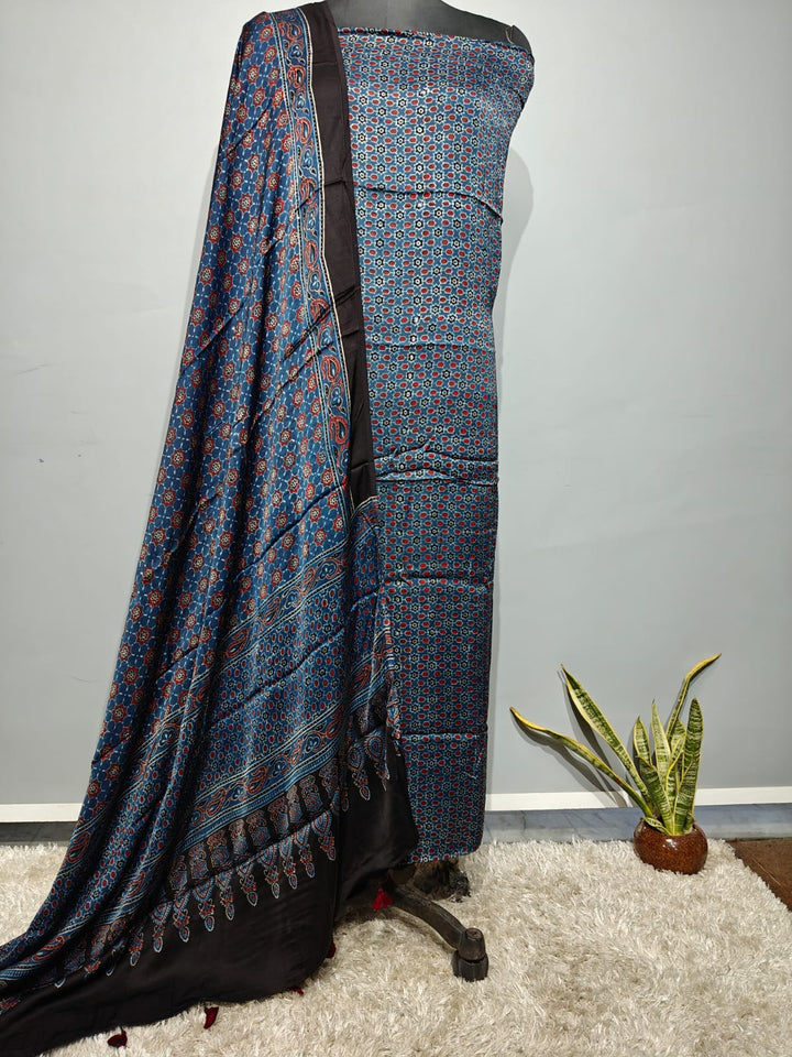 Pure Modal Silk Ajrakh Hend Block Zari Pallu Weaved 2pc Unstitched Suit
