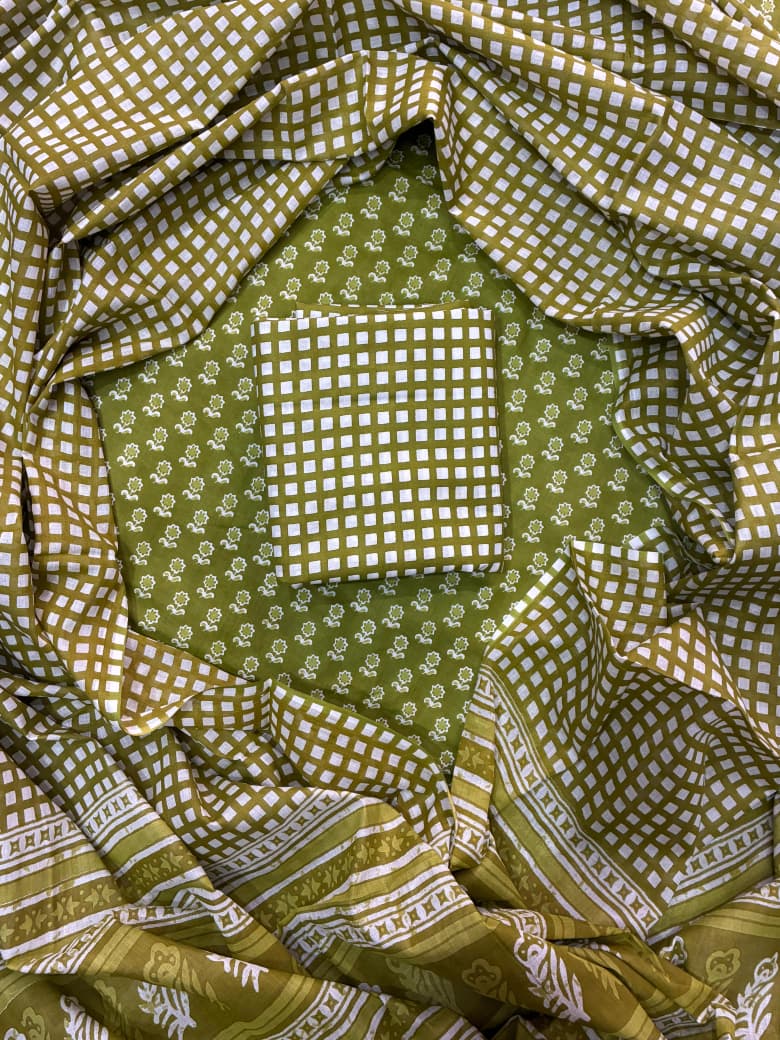 Pure Cotton Hand Block Print Unstitched Suit With Cotton Dupatta .