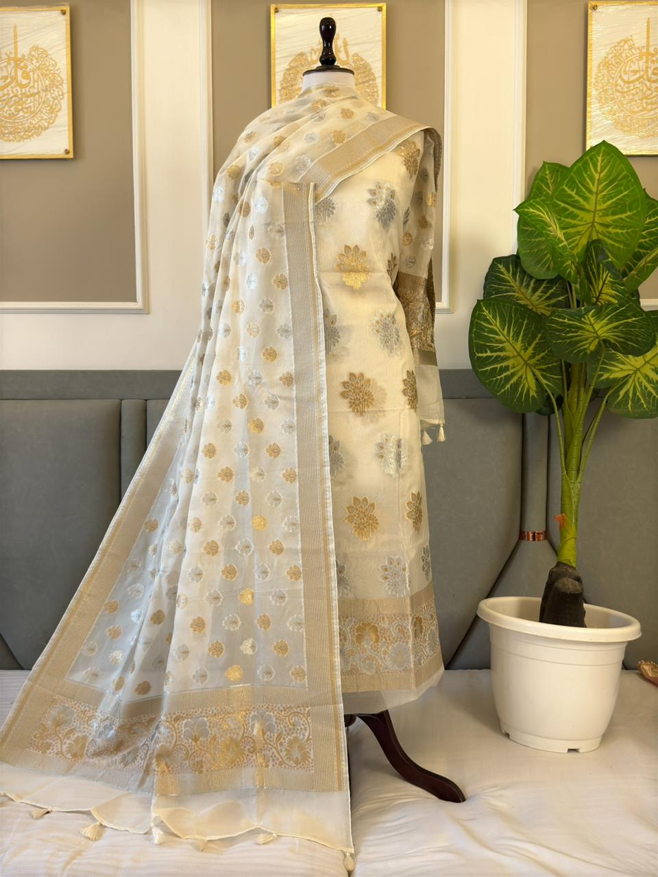 Pure Banarasi Tasser Silk Work Unstitched Suit