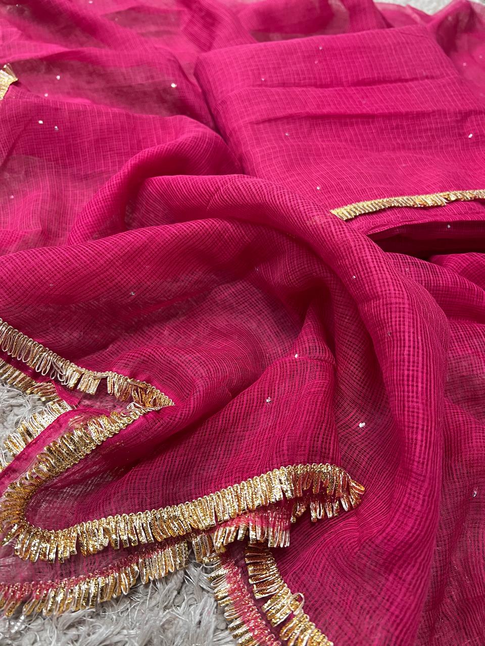 Pure Kota doria 3 pc Unstitched Suit with Mukaish work