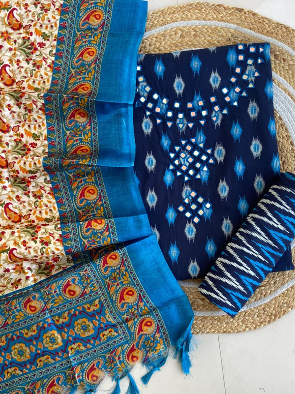 Pure Cotton Azrakh Print Unstitched Suit With Dola Silk Printed Dupatta