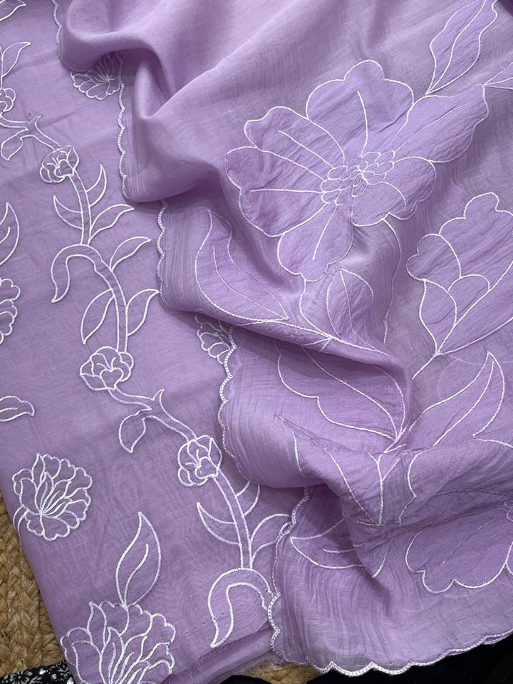 Pure Mul Chanderi Aplique Work Unstitched Suit With Chanderi Aplique Work Dupatta.