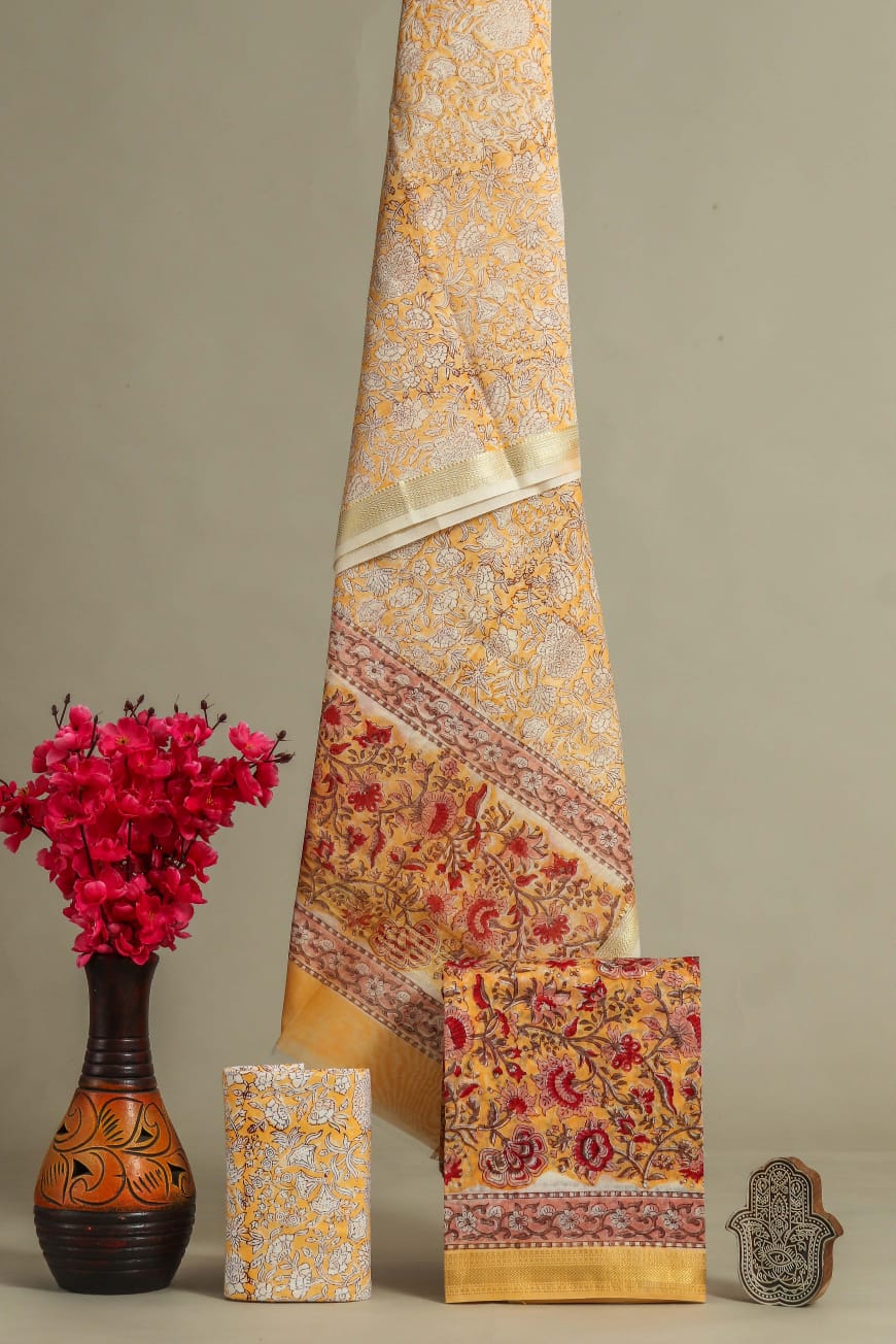 Pure Maheshwari Silk Hand block print Unstitched Suit.