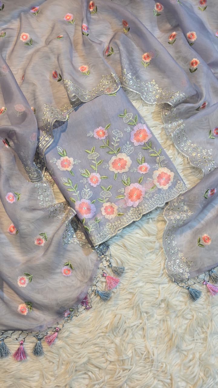 Pure Banarasi Organza Silk Embroidery Unstitched Suit.