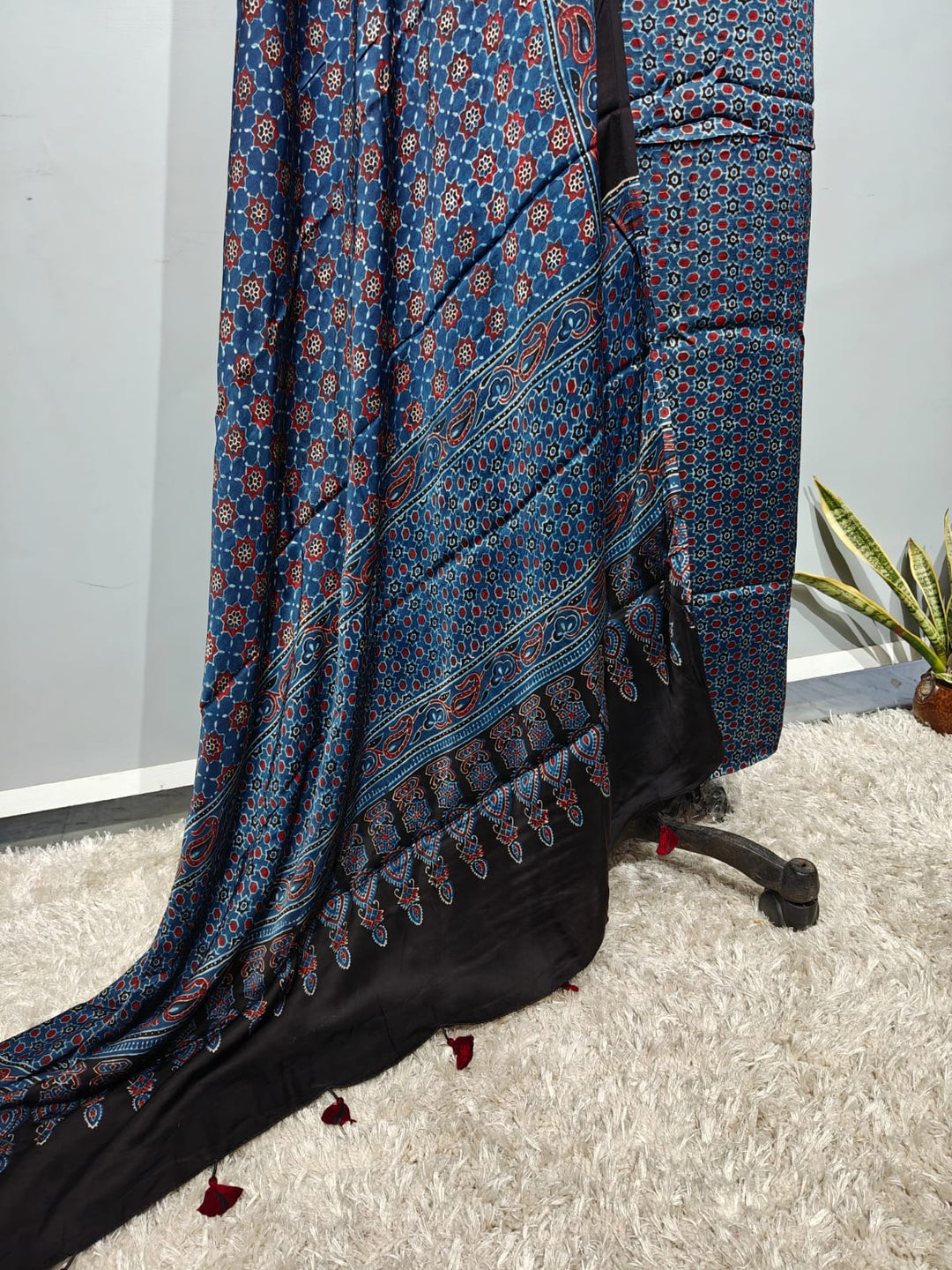 Pure Modal Silk Ajrakh Hend Block Zari Pallu Weaved 2pc Unstitched Suit